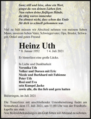 Traueranzeige von Heinz Uth  von Magdeburger Volksstimme