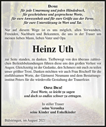 Traueranzeige von Heinz Uth  von Magdeburger Volksstimme