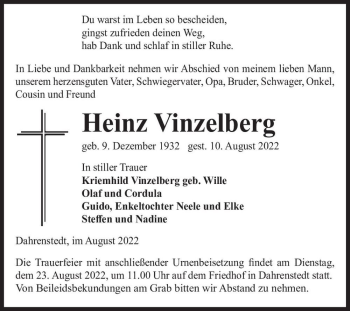 Traueranzeige von Heinz Vinzelberg  von Magdeburger Volksstimme