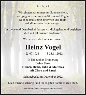 Traueranzeige von Heinz Vogel  von Magdeburger Volksstimme