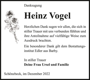 Traueranzeige von Heinz Vogel  von Magdeburger Volksstimme