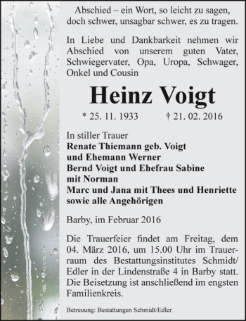 Traueranzeige von Heinz Voigt  von Magdeburger Volksstimme