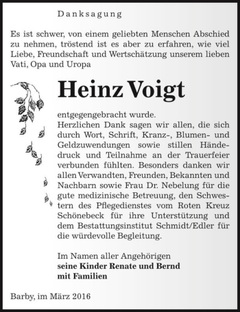Traueranzeige von Heinz Voigt  von Magdeburger Volksstimme