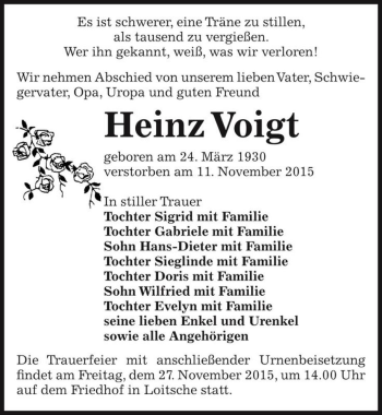 Traueranzeige von Heinz Voigt  von Magdeburger Volksstimme