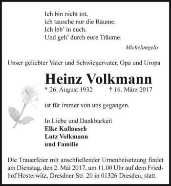 Traueranzeige von Heinz Volkmann  von Magdeburger Volksstimme