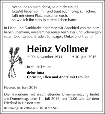 Traueranzeige von Heinz Vollmer  von Magdeburger Volksstimme