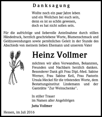 Traueranzeige von Heinz Vollmer  von Magdeburger Volksstimme