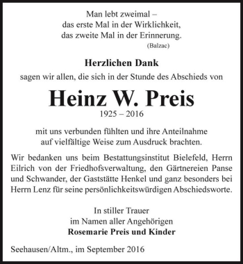 Traueranzeige von Heinz W. Preis  von Magdeburger Volksstimme