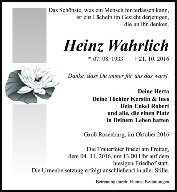 Traueranzeige von Heinz Wahrlich  von Magdeburger Volksstimme