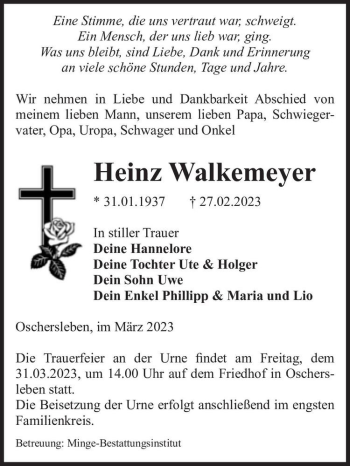 Traueranzeige von Heinz Walkemeyer  von Magdeburger Volksstimme