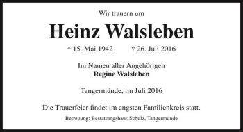 Traueranzeige von Heinz Walsleben  von Magdeburger Volksstimme