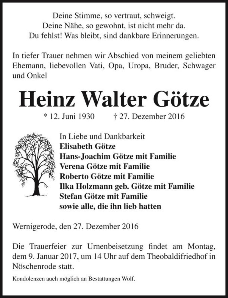  Traueranzeige für Heinz Walter Götze  vom 02.01.2017 aus Magdeburger Volksstimme