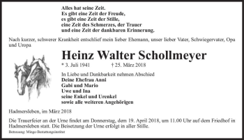 Traueranzeige von Heinz Walter Schollmeyer  von Magdeburger Volksstimme