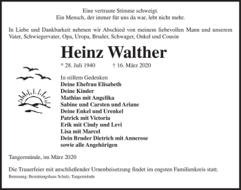 Traueranzeige von Heinz Walther  von Magdeburger Volksstimme