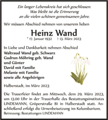 Traueranzeige von Heinz Wand  von Magdeburger Volksstimme