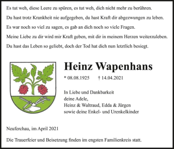 Traueranzeige von Heinz Wapenhans  von Magdeburger Volksstimme