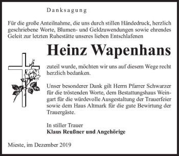 Traueranzeige von Heinz Wapenhans  von Magdeburger Volksstimme
