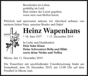 Traueranzeige von Heinz Wapenhans  von Magdeburger Volksstimme