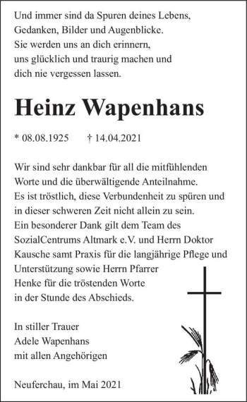 Traueranzeige von Heinz Wapenhans  von Magdeburger Volksstimme