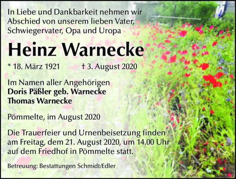  Traueranzeige für Heinz Warnecke  vom 08.08.2020 aus Magdeburger Volksstimme