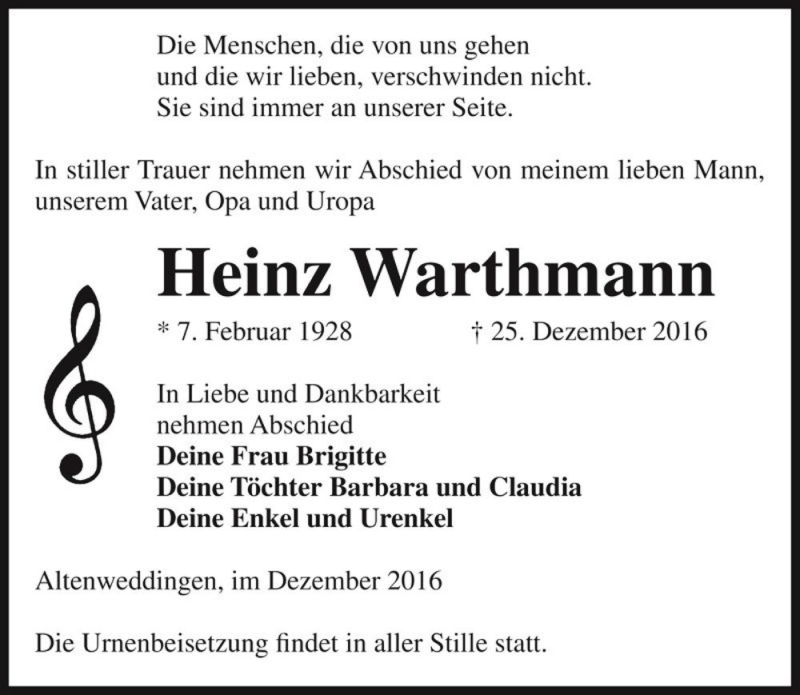  Traueranzeige für Heinz Warthmann  vom 31.12.2016 aus Magdeburger Volksstimme