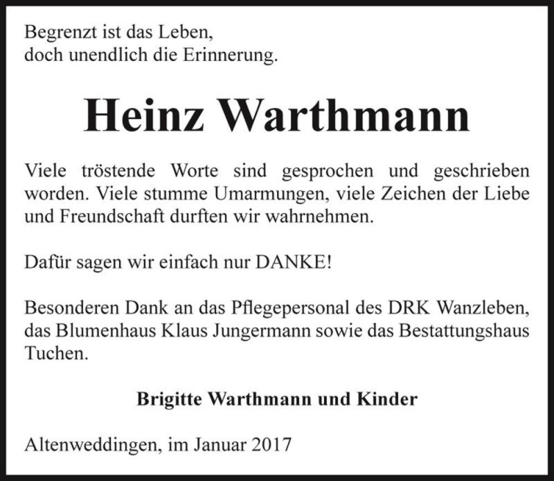  Traueranzeige für Heinz Warthmann  vom 21.01.2017 aus Magdeburger Volksstimme