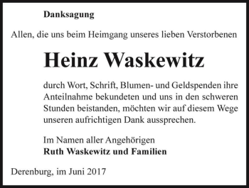 Traueranzeige von Heinz Waskewitz  von Magdeburger Volksstimme