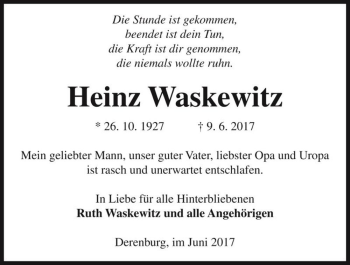 Traueranzeige von Heinz Waskewitz  von Magdeburger Volksstimme