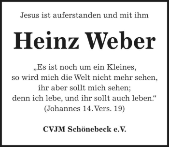 Traueranzeige von Heinz Weber  von Magdeburger Volksstimme