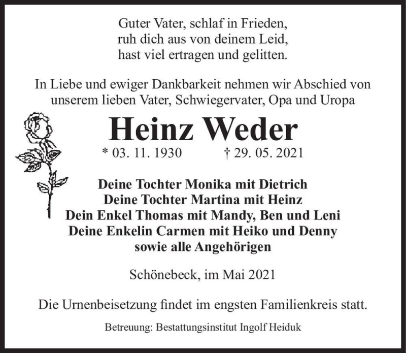  Traueranzeige für Heinz Weder  vom 05.06.2021 aus Magdeburger Volksstimme