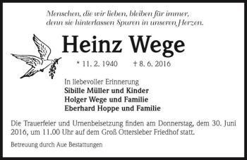 Traueranzeige von Heinz Wege  von Magdeburger Volksstimme