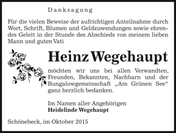Traueranzeige von Heinz Wegehaupt  von Magdeburger Volksstimme