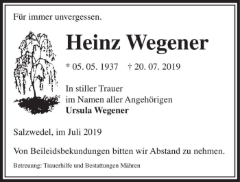 Traueranzeige von Heinz Wegener  von Magdeburger Volksstimme