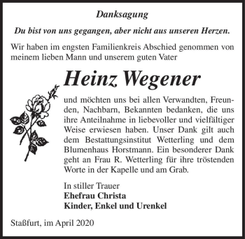 Traueranzeige von Heinz Wegener  von Magdeburger Volksstimme