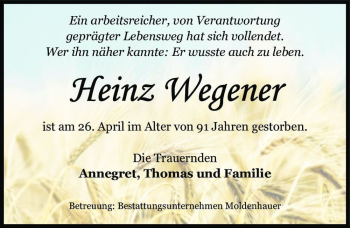Traueranzeige von Heinz Wegener  von Magdeburger Volksstimme