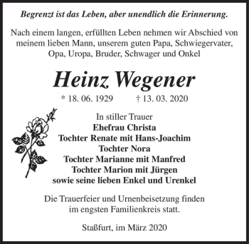 Traueranzeige von Heinz Wegener  von Magdeburger Volksstimme