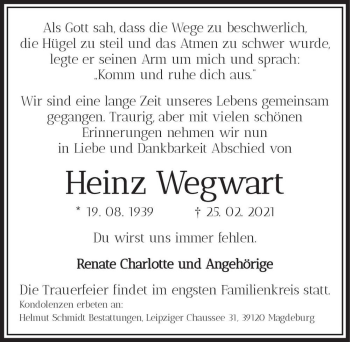 Traueranzeige von Heinz Wegwart  von Magdeburger Volksstimme