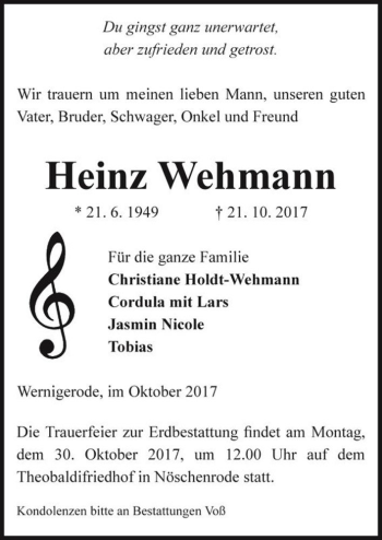 Traueranzeige von Heinz Wehmann  von Magdeburger Volksstimme