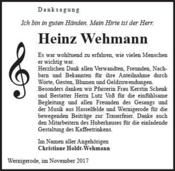 Traueranzeige von Heinz Wehmann  von Magdeburger Volksstimme