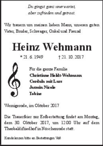 Traueranzeige von Heinz Wehmann  von Magdeburger Volksstimme