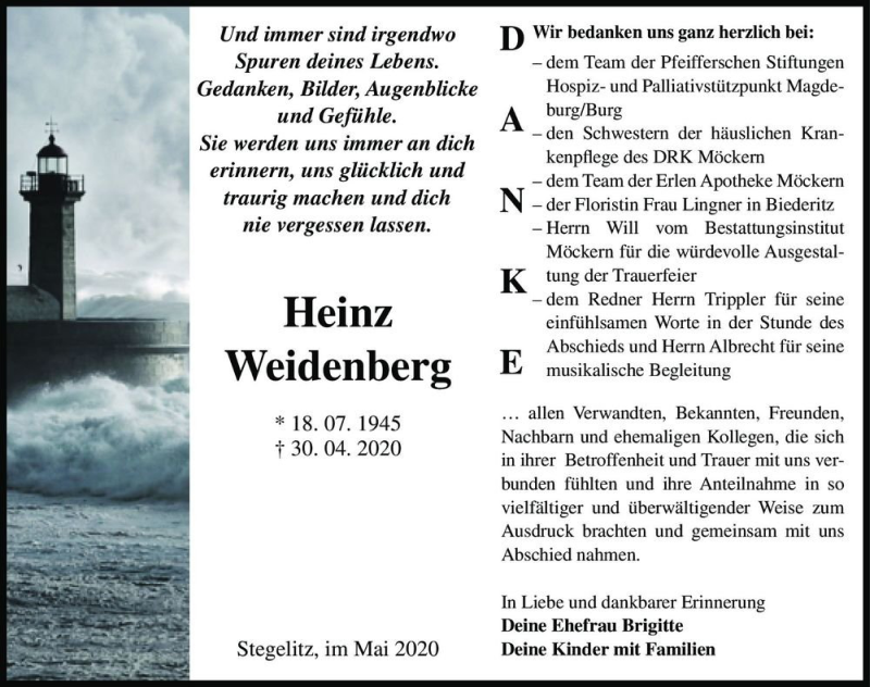  Traueranzeige für Heinz Weidenberg  vom 30.05.2020 aus Magdeburger Volksstimme