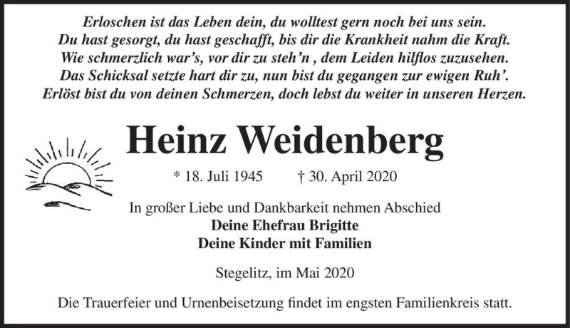  Traueranzeige für Heinz Weidenberg  vom 09.05.2020 aus Magdeburger Volksstimme