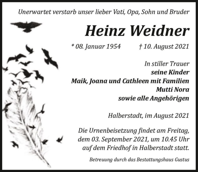  Traueranzeige für Heinz Weidner  vom 28.08.2021 aus Magdeburger Volksstimme