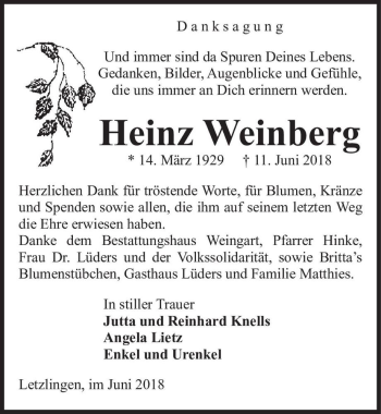 Traueranzeige von Heinz Weinberg  von Magdeburger Volksstimme