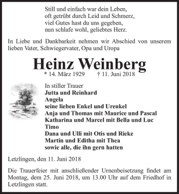 Traueranzeige von Heinz Weinberg  von Magdeburger Volksstimme