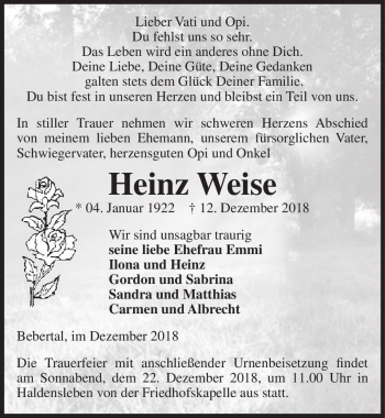 Traueranzeige von Heinz Weise  von Magdeburger Volksstimme