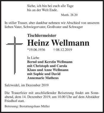 Traueranzeige von Heinz Wellmann  von Magdeburger Volksstimme