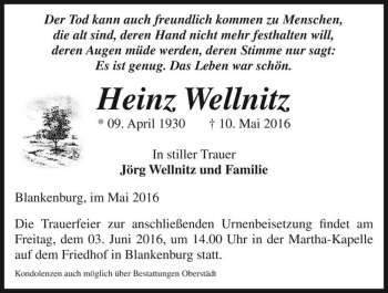 Traueranzeige von Heinz Wellnitz  von Magdeburger Volksstimme
