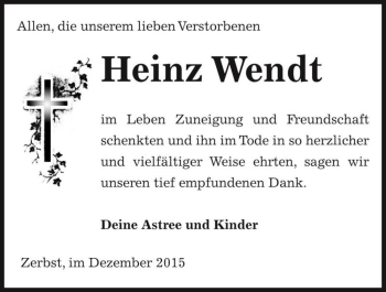 Traueranzeige von Heinz Wendt  von Magdeburger Volksstimme
