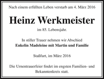 Traueranzeige von Heinz Werkmeister  von Magdeburger Volksstimme